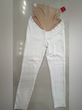 Spanx Mama Ankle Jean-ish White Maternity Leggings with Beige Over Bump Panel, L